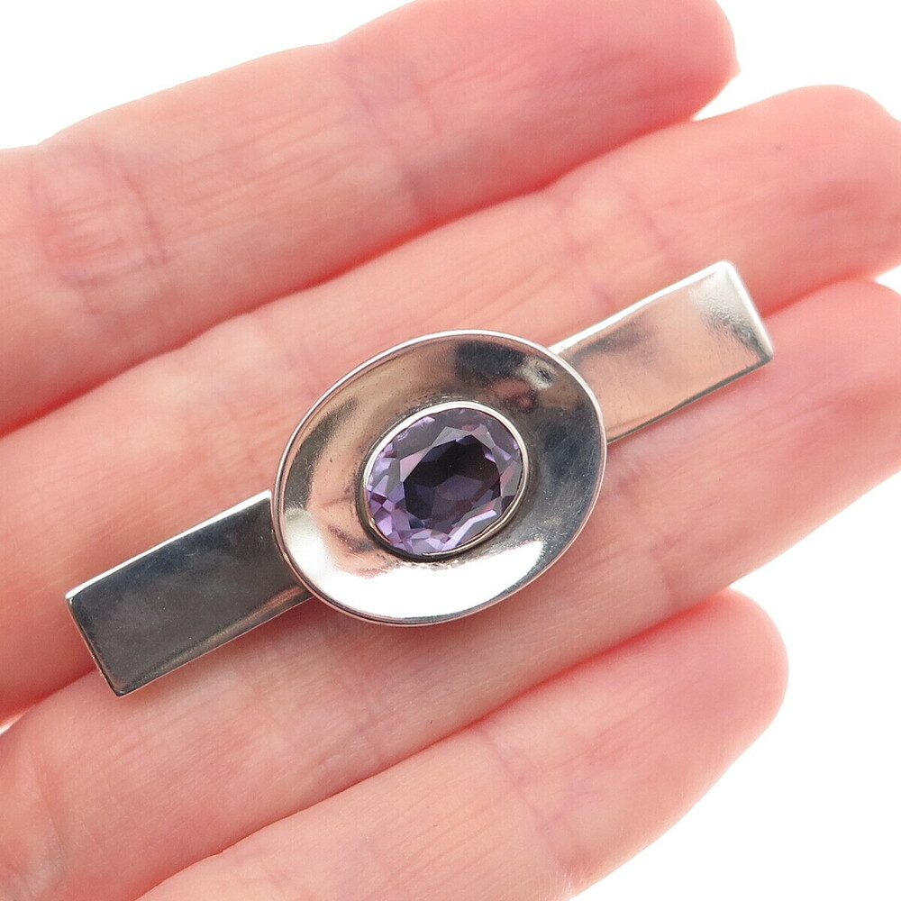 925 Sterling Vintage Mexico Lab-Created Peacock Sapphire Modernist Tie Clip
